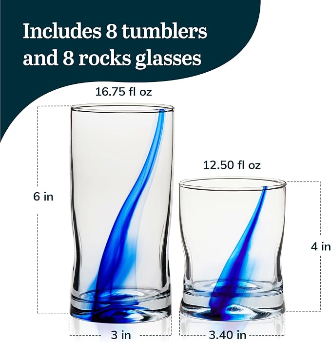 Blue Ribbon Tumbler & Rocks Drinking Glasses Set of 16, Dimpled Cups | 16.75 oz and 12.5 oz Capacities for Water, Juice, Cocktails, and More with Blue Ribbon Design and Dishwasher-Safe Cleanup - Image 3