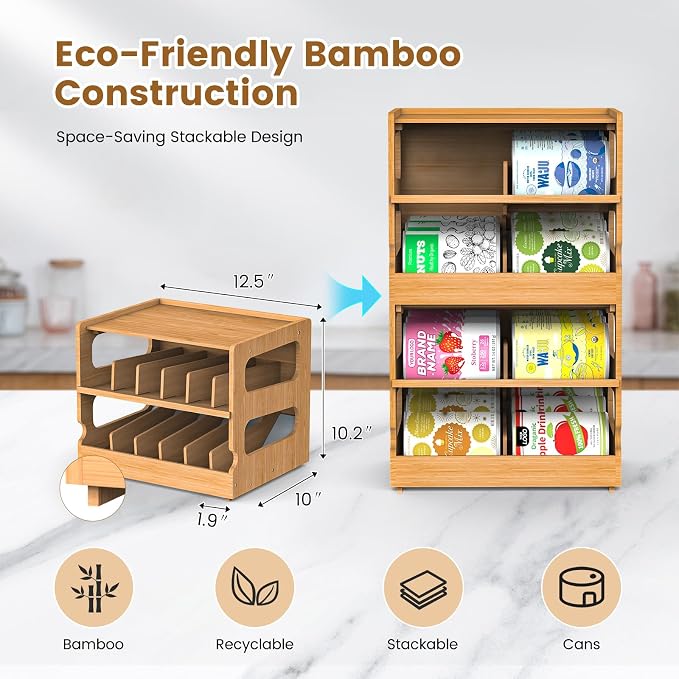 Stackable Bamboo Cat Food Can Organizer, Cat Canned Food Organizer Storage | 2-Tier Adjustable Stacking Can Dispensers, First-In & First-Out System, Holds Up to 36 Cans - for Pantry, Cabinet, Countertop - Image 3