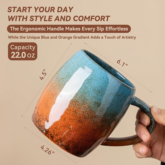 Handmade 22oz Ceramic Coffee Mug, Ergonomic Large Handle, Ideal Gift for Coffee Lovers, Microwave & Dishwasher Safe (Minute-Blue&Orange) - Image 5
