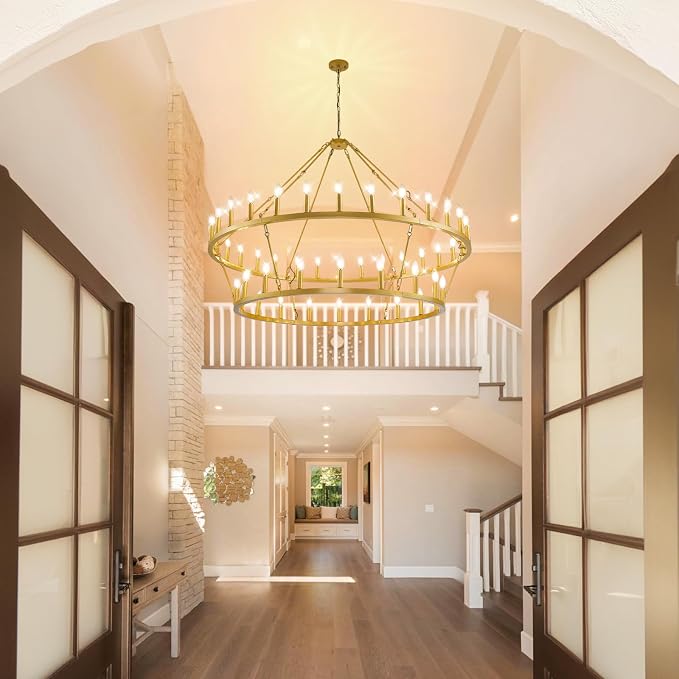 55 Inch Gold Wagon Wheel Chandelier,2 Tier 48-Lights Farmhouse Chandelier for Living Room,Round Rustic Dining Room Light Fixture,Extra Large Foyer Chandeliers for High Ceilings,for Staircase,Entryway - Image 8