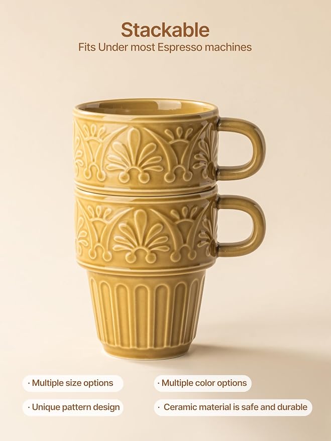 Cappuccino Cups, Espresso Cups, Stackable Mug Set of 6, Ceramic Coffee Mug 6 OZ Khaki for Hot Drinks Milk Dessert, Suitable for Home office Restaurant, Perfect for Holiday & Housewarming Present - Image 4