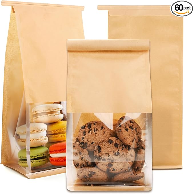 60 Pcs Small Bakery Bags with Window, 3.9x5.1x11.2 Inches Ties Lock Cookie Packaging Bag Resealable Paper Treat Bags for Homemade Breads, Popcorn, Candies,Treats, Snacks, Baked Goods Packaging by Cegzer