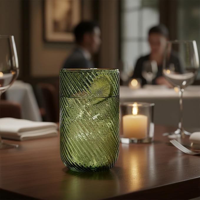 Set of 8 Ribbed Glassware,4 Highball Glasses 14oz & 4 Rocks Drinking Glasses 9oz, Origami Style, Fluted Design, for Milk, Water, Cocktail, Juice, Beer, ToothBrush Cup, Gif (Leaning Green) - Image 5