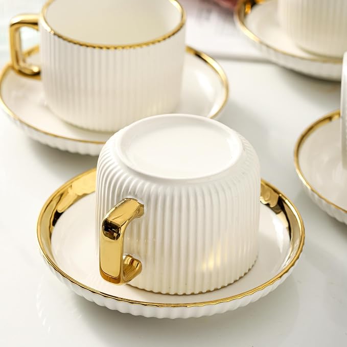 LETAOTAO Cappuccino Cups with Saucers, 8oz Ceramic Coffee Cups with Saucers Set, Latte Art Coffee Mugs with Gold Trim, Tea Cups Set of 4, British/Italian Coffee cups for Cafe Mocha, Double Espresso - Image 6
