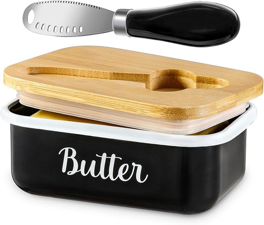Butter Dish with Lid and Butter Curler Knife for Countertop - Unbreakable Metal Keeper Container with High-quality Double Silicone Sealing, for Kitchen Farmhouse Decor, Black by MakeLifeBetterEasier