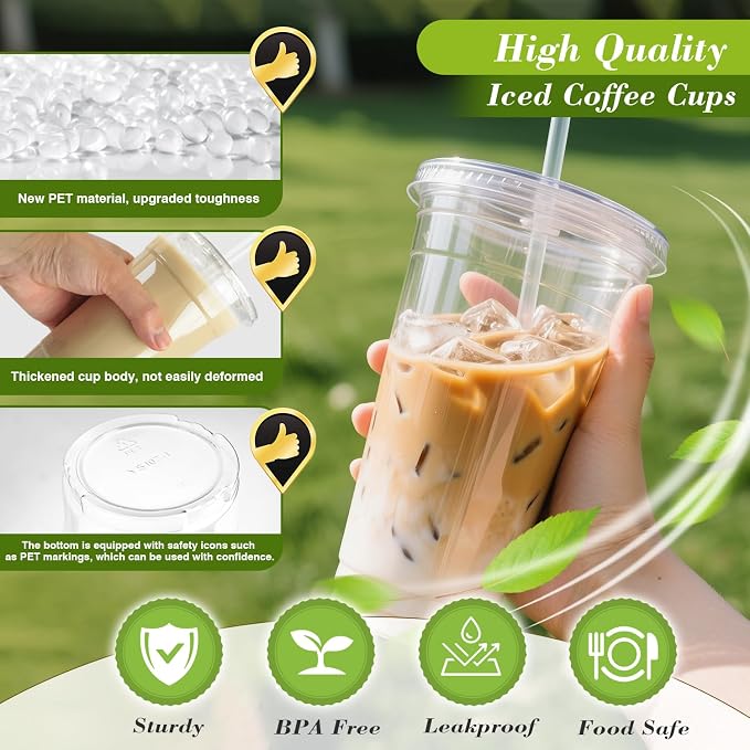 Ginkgo 32 oz Clear Plastic Cups with Lids and Jumbo Straws | Leak-Proof & Sturdy Disposable To Go Iced Coffee Cups for Smoothie, Boba Milk Tea - 50 Pack - Image 3