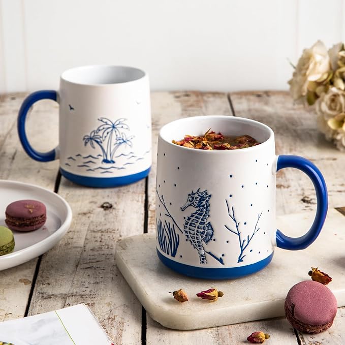 AmorArc Large Coffee Mugs Set of 6, 18oz Ceramic Coffee Cups with Sea Life Textured Patterns for Tea Latte Cocoa. Easy to Hold&Clean, Dishwasher&Microwave Safe, Matt White - Image 4