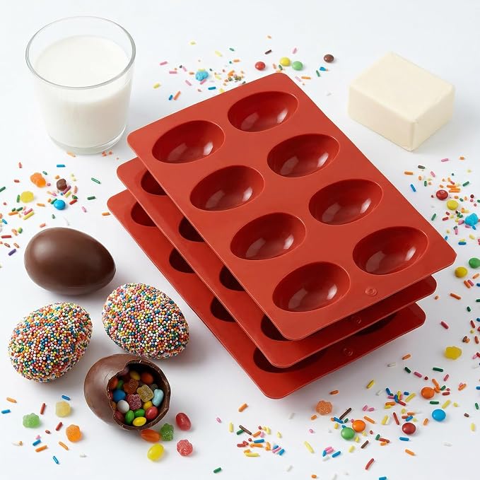 3Pack Silicone Egg Molds 8 Cavity Easter Silicone Candy Mold 3D Egg-Shaped Silicone Baking Mold for Chocolate, Jello, Mini Cakes, DIY Desserts, Candy, Ice, Pudding, Baking (3, Brick Red) - Image 5