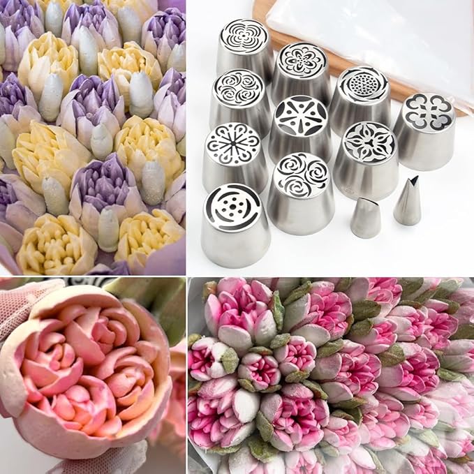 22 Pcs Stainless Steel Extra Large Russian Tulip Flower Icing Tips Set, 10 XXL Piping Nozzle,1 Big Leaf Tip,1 Petal Rose Flower Tip,10 Disposable Pastry Bags for Cake Decorations