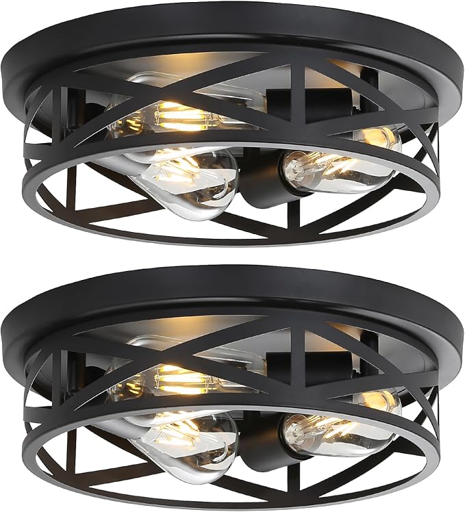 13 Inch Close to Ceiling Light Fixtures 2 Pack, 3-Lights Farmhouse Flush Mount Ceiling Light, Black Indoor Metal Cage Semi Flush Mount Ceiling Light for House Hallway Kitchen Bedroom by Wyneyet
