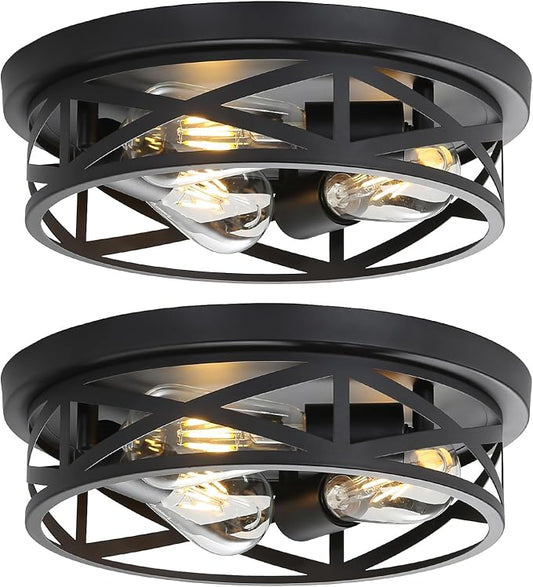 13 Inch Close to Ceiling Light Fixtures 2 Pack, 3-Lights Farmhouse Flush Mount Ceiling Light, Black Indoor Metal Cage Semi Flush Mount Ceiling Light for House Hallway Kitchen Bedroom by Wyneyet