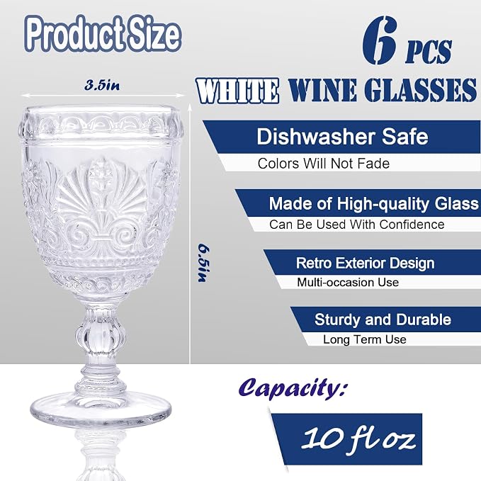 6 Pcs White Wine Glasses,Goblet Glasses,Vintage Glassware, Made of Sturdy and Durable Glass Can be Used for Weddings, Everyday Fun Parties and More! - Image 2