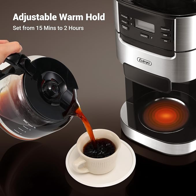 Gevi 10-Cup Grind-And-Brew Drip Coffee Maker with Built-In Burr Grinder | Programmable Timer, 1.5L Water Tank, 2-Hour Auto Keep-Warm, Durable Reusable Permanent Filter for Daily Coffee Brewing - Image 3
