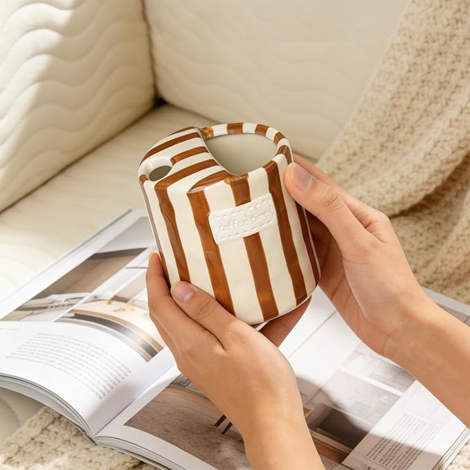 10oz Ceramic Coffee Mug with Sip Hole, Striped Espresso Cups for Hot & Cold Drinks and Microwave & Dishwasher & Freezer Safe, Ideal for Home Desk Kitchen Office Dorm Cafe Travel Daily - Brown - Image 7