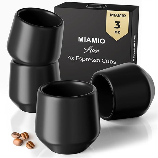 MIAMIO - Espresso Cups Set of 4 (3 oz) / Espresso Cup, Ceramic Espresso Cups, Handleless Mug, Japanese Tea Cups - Luxe Collection (Black)
