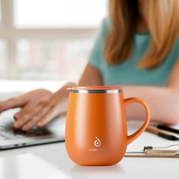 Ideus 16 oz Insulated Coffee Mug with Handle and Lid, Double Wall Stainless Steel Vacuum Thermal Coffee Mug, Travel Coffee Cup Thermal Cup for Home and Office, Orange Tiger - Image 6