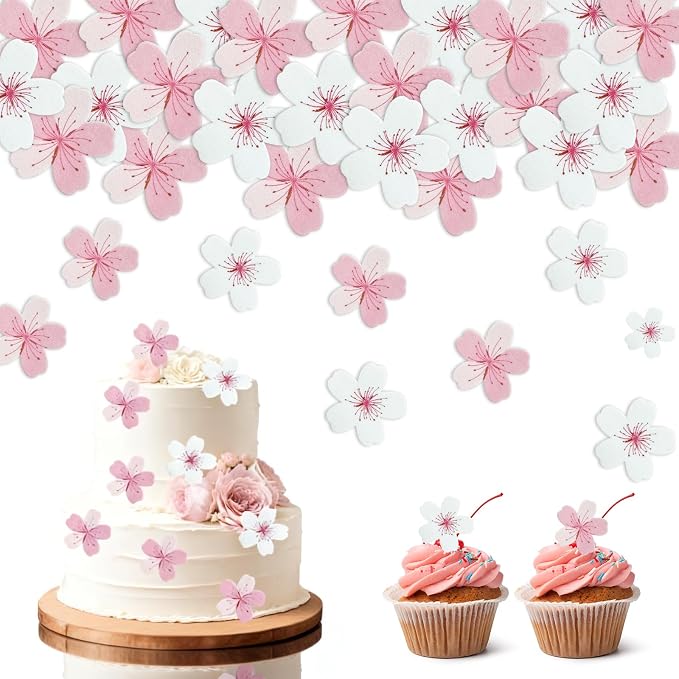 60PCs Edible Flowers Cherry Blossom Cake Decorations Cupcake Toppers | Edible Flowers, Wafer Paper Flower Cupcake Toppers for Wedding Birthday Party Decorations Supplies by Unknown