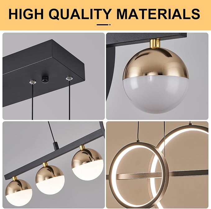 ORANOOR Modern LED Black Gold Chandelier, 39inch Dimmable LED Pendant Light | Linear Pendant Lights for Kitchen Island, 39in Globe Haning Pendant Chandelier Lighitng for Dining Room (2 Rings, 3000lm) ﻿ - Image 8