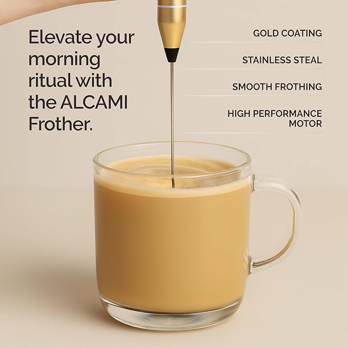 Milk Frother Electric Handheld - Golden Stainless Steel Coffee Frother with Powerful Motor, Drink Mixer for Lattes Cappuccino Matcha Hot Chocolate