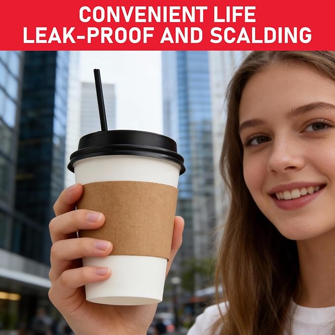 12 oz Paper Coffee Cups with Lids 100 Pack, Disposable Hot Coffee Cups with Lids, Sleeves and Stirring Sticks, To Go Cups, for Parties, Picnic, Travel, and Events - Image 4