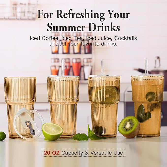 Amber Drinking Glasses，4PCS Amber Ribbed Glass Cups with Lids and Straws, 20oz Vintage Drinking Glasses, Aesthetic Iced Coffee Cups, Brown Yellow Glass Cup - Image 7