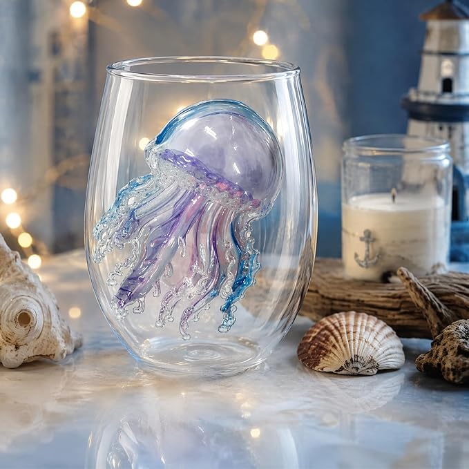 Blue Ring Stemless Ocean Glass (White Style 4) | 3D Sculpted Handmade Blue Ring Stemless Glass Ocean Cup Handblown Glassware (White Style 4) - Image 3