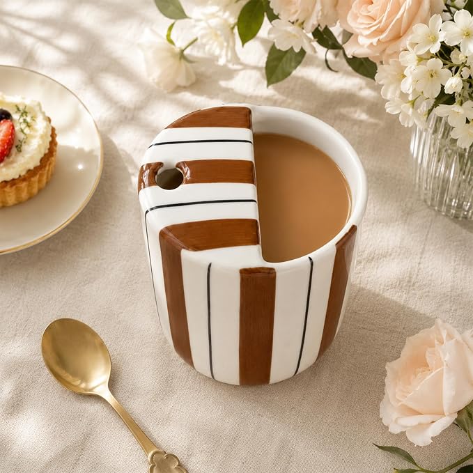 1 Pcs Ceramic Mug with Sip Hole 10 oz Novelty Brown Black Striped Coffee Mug Hand Painted Ceramic Cup Heat Resistant Non Slip Built in One Lid Handcraft Mugs for Coffee Lovers Gift - Image 4