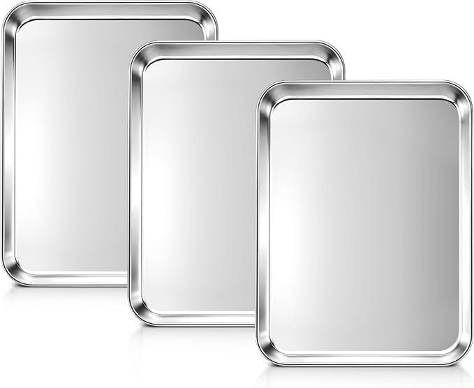 LIANYU Stainless Steel Tray for Baking, 10.2x7.9 Small Cookie Baking Sheet | 3PCS Metal Cooking Sheet Tray for Oven, Rust Free & Mirror Finish, Dishwasher Safe, Heavy Duty, Rust Resistant, No Coating by LIANYU