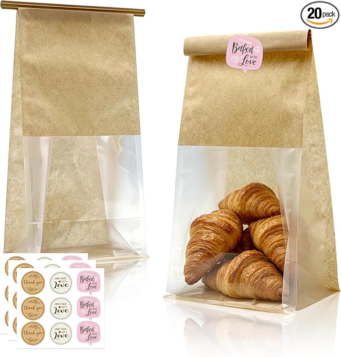 Cookie Bakery Bags with Window Small Bread Baked Goods Packaging Tin Tie Tab Closure & Cute Sticker for Candies, Treats, Snack - Brown Kraft Paper 20 Pcs 11x5.1x3.9 Inch by Unknown