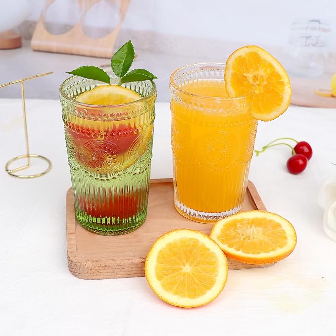 Loivttvv 6pcs Vintage Drinking Glasses Set, 12 oz Green Highball Glasses, Embossed Ribbed Glassware Cups for Cocktail, Water, Juice, Coffee, Whiskey - Image 9