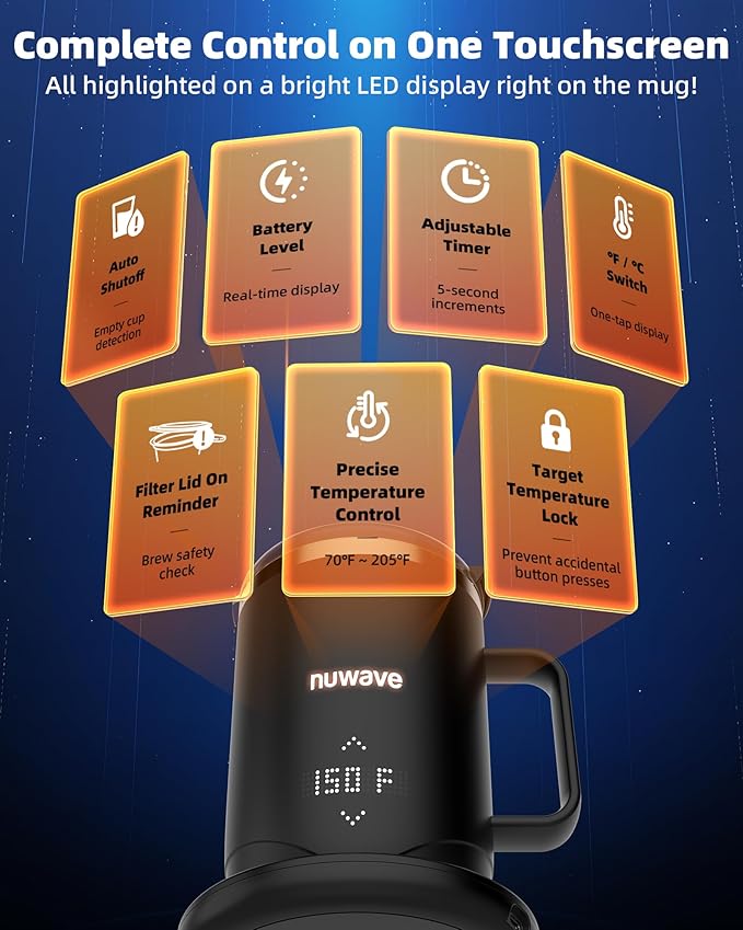 Nuwave Smart Heated Coffee Mug with Custom Brew Modes, Rechargeable, 16oz | Self Heating Temperature Control Mug with LED Display, Double-Wall Vacuum Insulation, 5-Hour Battery Life, Auto Shut-Off - Image 4
