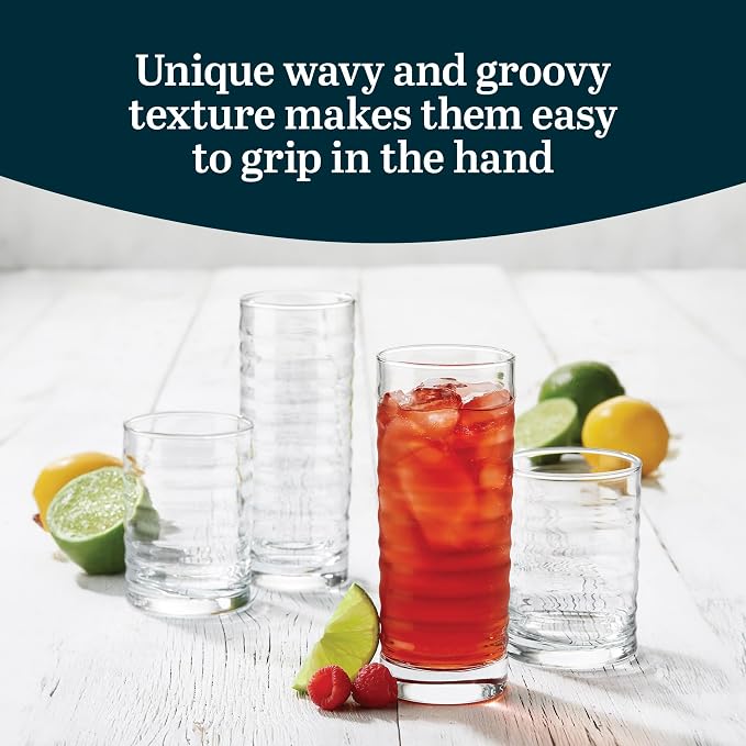 Libbey Pueblo Tumblers and Rocks Glass Cups Set, Wavy and Groovy Drinking Glasses Set of 16, Dishwasher Safe Modern Glassware for Everyday Use - Image 4