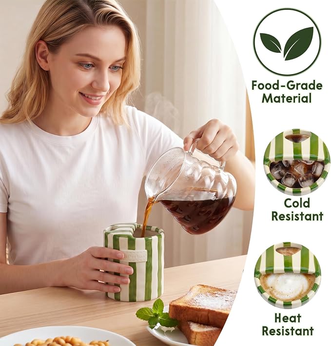 10oz Ceramic Coffee Mug with Sip Hole, Striped Espresso Cups for Hot & Cold Drinks and Microwave & Dishwasher & Freezer Safe, Ideal for Home Desk Kitchen Office Dorm Cafe Travel Daily - Green - Image 2