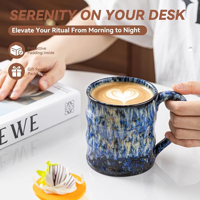 Unique Reactive Glaze Ceramic Coffee Mug - 15 oz Large Coffee Cup with Ergonomic Handle, Deep Sea Blue Ceramic Mug for Office & Home, Great Birthday Gift for Women, Men & Friends - Image 5