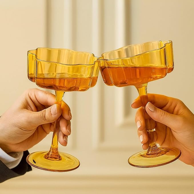 Flower Scalloped Vintage Wavy Petals Wave Glass Coupes 7oz Colorful Martini, Champagne & Cocktails, 2 Set Amber Rippled Champagne Glasses, Elegant Bar Glassware, Unique Aesthetic Coupe Glassware Gifts - Image 9