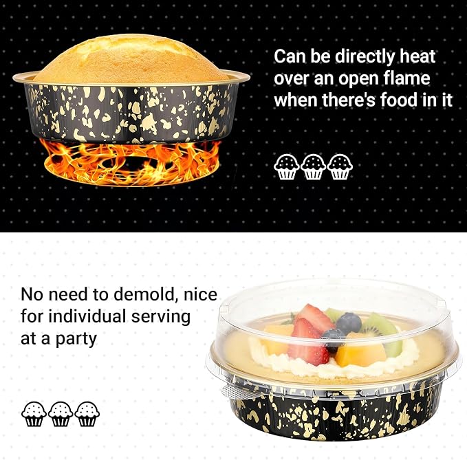 Beasea Mini Ramekins with Lids, 100 Pack 7.3oz Disposable Aluminum Tart Pie Baking Tins Pans, 4 Inch Small Individual Cheesecake Tart Containers Oven Baking Dishes for Party - Black Gold Speckles - Image 3