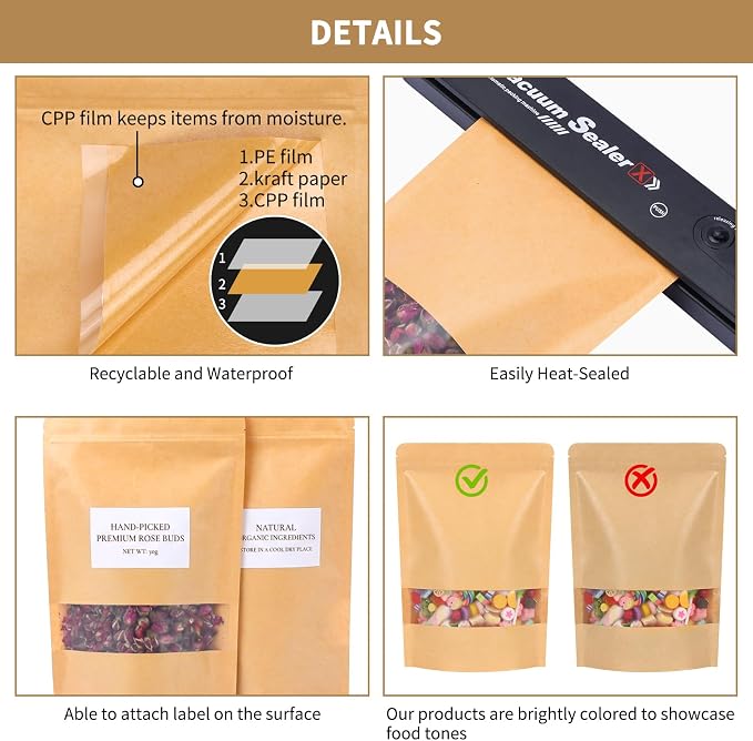 Moretoes 72pcs 7x10In Kraft Paper Resealable Bags with Window for Business | Stand Up Pouches, Ziplock Bags with Window, Home & Small Business Packaging for Granola, Coffee, Snacks, Herbs, Dried Goods - Image 4