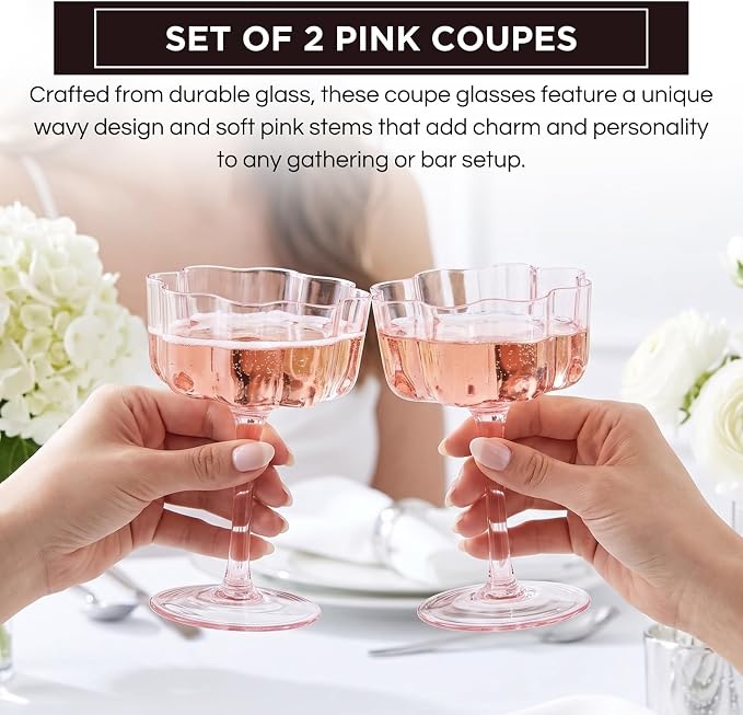 Khen Flower Vintage Wavy Petals Wave Glass Coupes 7oz Colorful Martini, Champagne & Cocktails - 2 Set - Rippled & Champagne Glasses, Bar Glassware Copyright Design (Pink) - Image 3