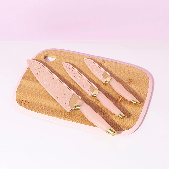 Paris Hilton Bamboo Cutting Board for Kitchen, Reversible Cutting Board and Cutlery Set with High Carbon Stainless Steel Knives and Blade Guards, Comfortable Handle Grips, 7-Piece Set, Gold and Pink - Image 8