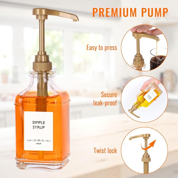 SZUAH 16oz Coffee Syrup Dispensers for Coffee Bar 2Pack, 480ml Glass Syrup Dispensers with Pumps and Stickers for Ketchup,Water and Lotion