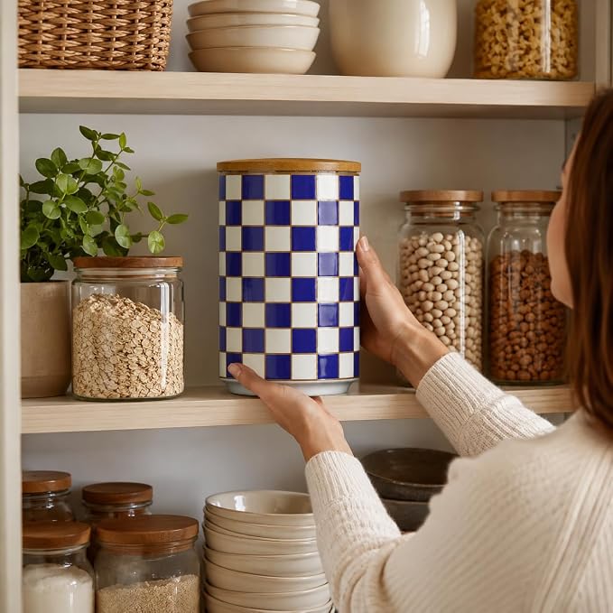 Kitchen Countertop Ceramic Checkered Canisters,Black And White Food Storage Containers With Lid,Airtight Kitchen Canisters for Flour, Sugar, Coffee, Tea, and Dry Goods (Blue, XL) - Image 3