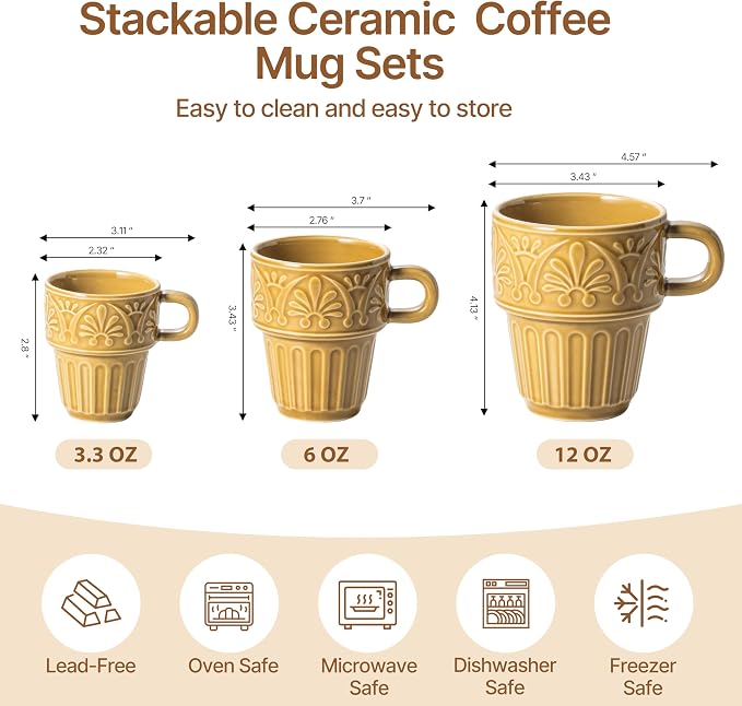 LYEOBOH Ceramic Mugs, 12 OZ Khaki Coffee Mugs Set of 4, Stackable Mug, Microwave & Dishwasher Safe, Stylish Texture Design for Coffee Tea Milk, Ideal for Home Kitchen Party & Festival Gifting - Image 2