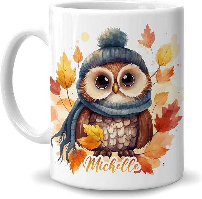 Hyturtle Personalized Fall Owl Maple Leaves Coffee Mug Gifts on Birthday | Gifts For Owl Lovers - Fall Autumn Decor Gifts For Farmhouse Thanksgiving - Custom Name 11oz White Ceramic Coffee Tea Mug by Hyturtle
