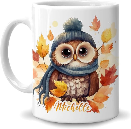 Hyturtle Personalized Fall Owl Maple Leaves Coffee Mug Gifts on Birthday | Gifts For Owl Lovers - Fall Autumn Decor Gifts For Farmhouse Thanksgiving - Custom Name 11oz White Ceramic Coffee Tea Mug by Hyturtle