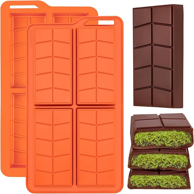 Chocolate Bar Mold 0.82inch Deep 2 Pack,Thick Dubai Stuffed Pistachio Silicone Molds Kit for Making Big Shapes Filling Candy Granola Bar and Pastry Snacks
