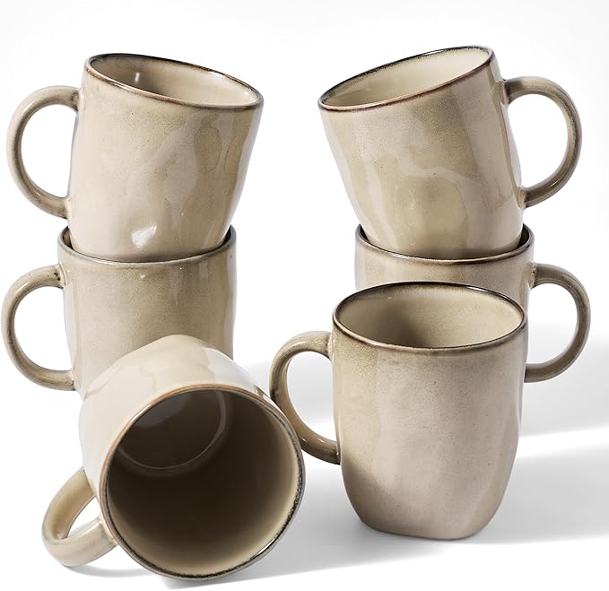 famiware Coffee Mugs Set of 6, Ocean Square 13oz Coffee Cup Set with Handle for Cocoa, Milk, Hot Chocolate, Tea, Water, Stoneware Cups for Kitchen, Microwave and Dishwasher Safe, Light khaki by Famiware
