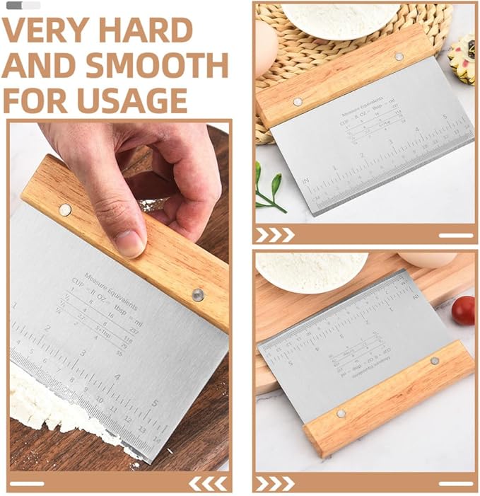 Cabilock 2pcs Stainless Steel and Wood Dough Cutter Tool with Comfortable Handle and Measuring Scale, Multipurpose Dough Scraper for Baking, Cake, and Pizza Preparation - Image 6