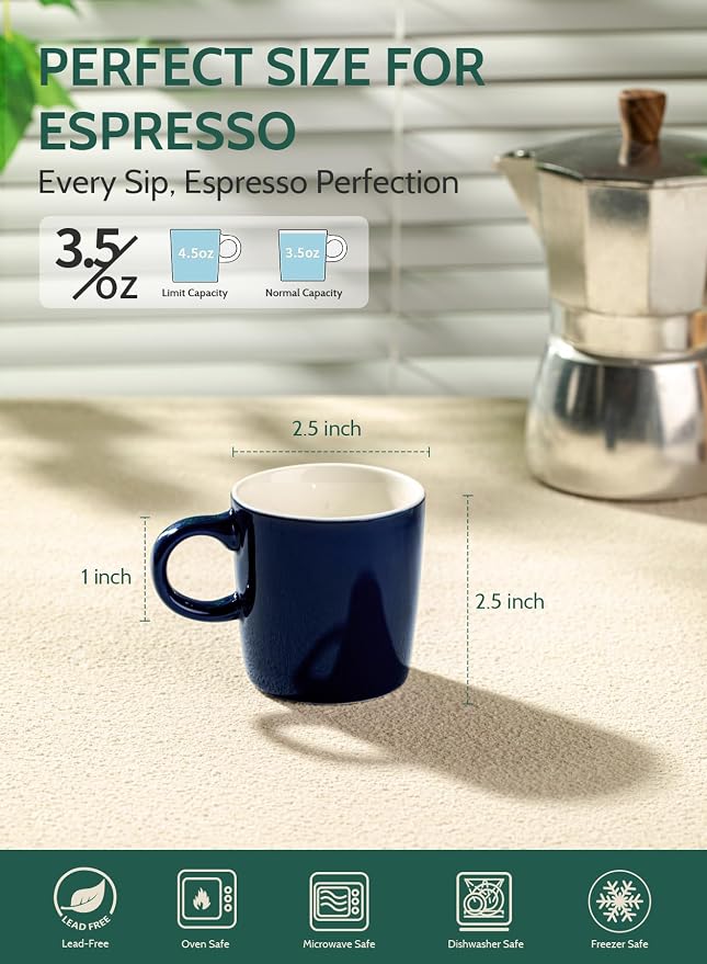 Sweese 3.5oz Porcelain Espresso Cups Set of 4, Mini Coffee Mugs Demitasse Cups - Navy - Image 2