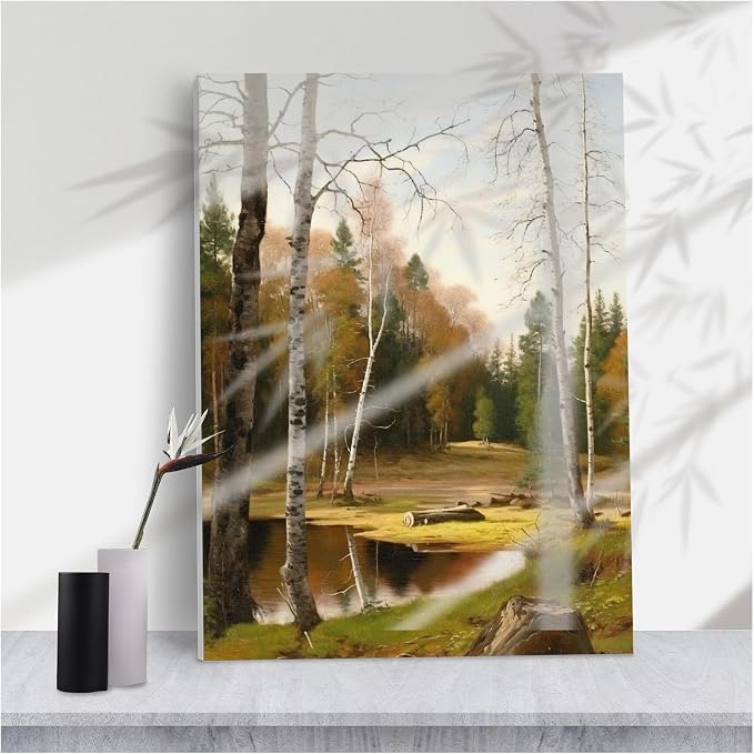 Serene Autumn Birch Forest Canvas Print,Realistic Quiet Lake Fall Reflections for Calm Nature-Inspired Home Decor,8''x12'' Framed Modern Canvas Wall Art by Unknown