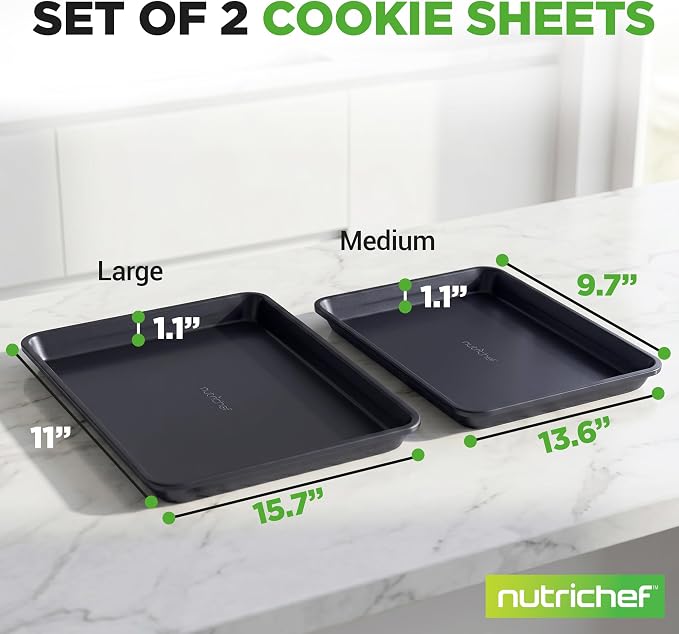 NutriChef Non-Stick Cookie Sheet Baking Pans, 2-Piece Oven Baking Trays w/ Superior Nonstick Coating - 15" x 11" & 13" x 9" Sizes for Convenient Roasting & Baking - Dishwasher Safe - Image 7